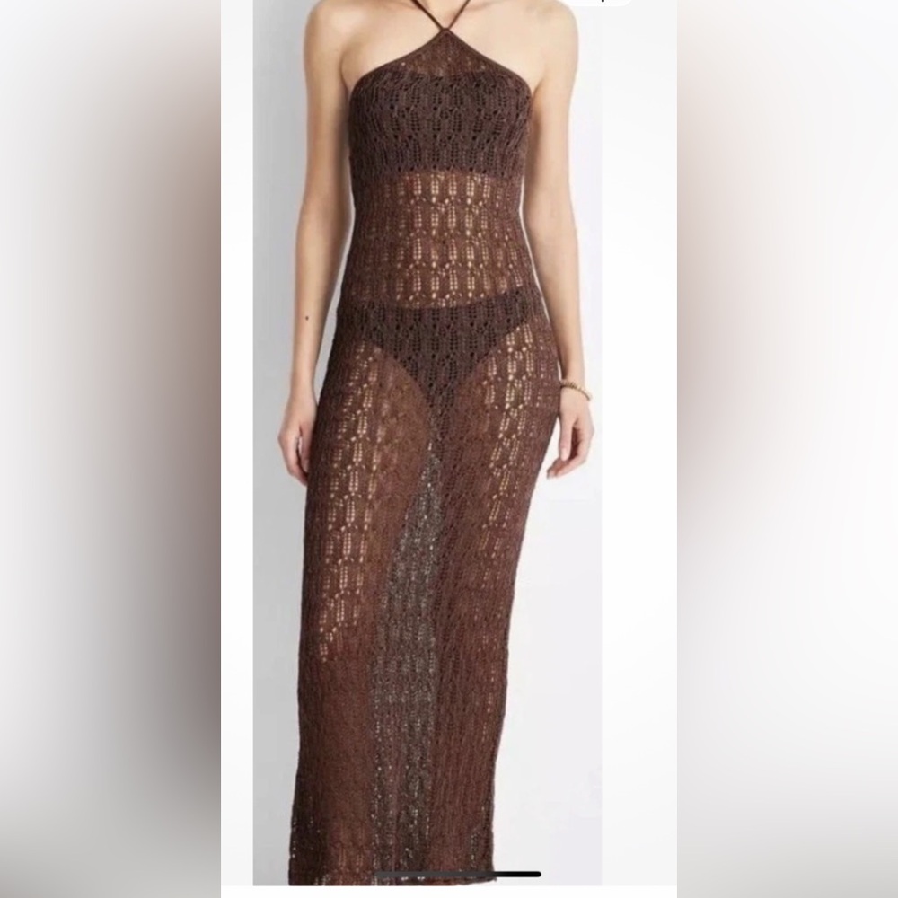 Future Collective Crochet Knit Maxi Cover-Up Dress Brown S Jeneé Naylor New